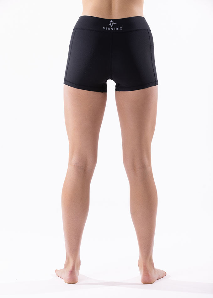 
                  
                    Back view of Apex black bike shorts for women, showcasing ergonomic seams and breathable performance fit.
                  
                