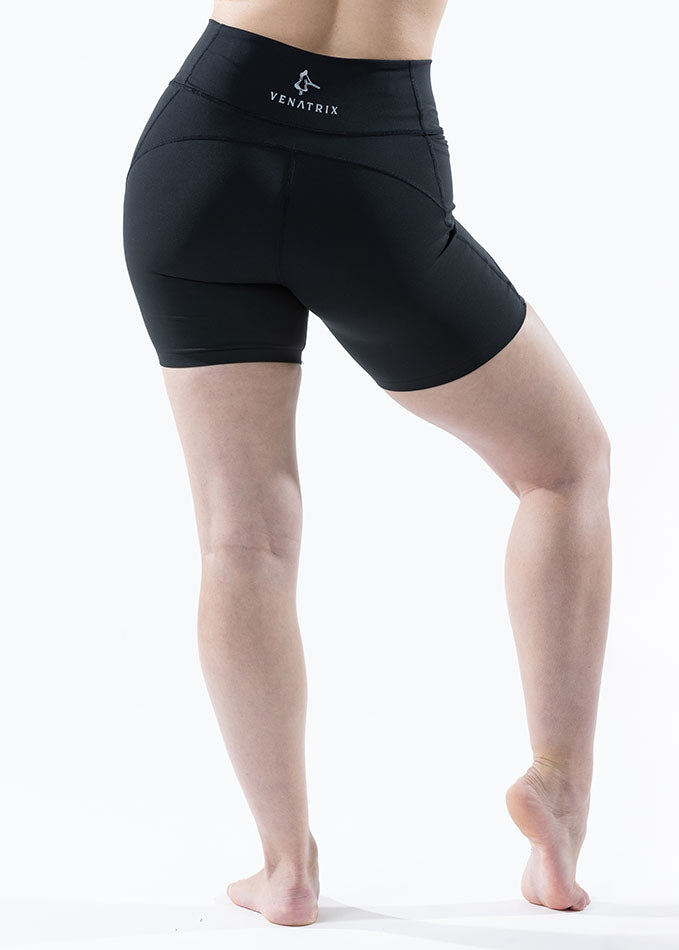 
                  
                    Back view of Eva black bike shorts for ladies, emphasizing a sleek design and comfortable fit for cycling.
                  
                