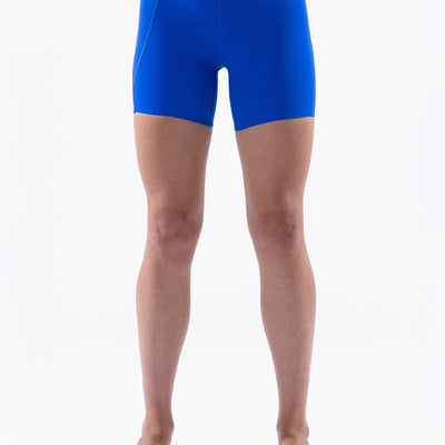 Front view of Eva blue bike shorts featuring breathable VenaLux fabric, sleek fit, and a secure utility waistband.