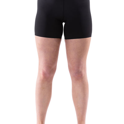 Front view of Rhythm black shorts for women, highlighting sleek design and comfortable bike fit.