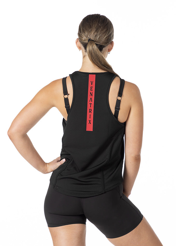 
                  
                    Back view of a black singlet for women, featuring a breathable fabric and athletic design ideal for gym workouts.
                  
                