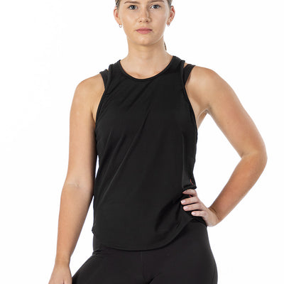 Front view of a black singlet for women, designed with breathable fabric and an athletic fit for gym workouts.