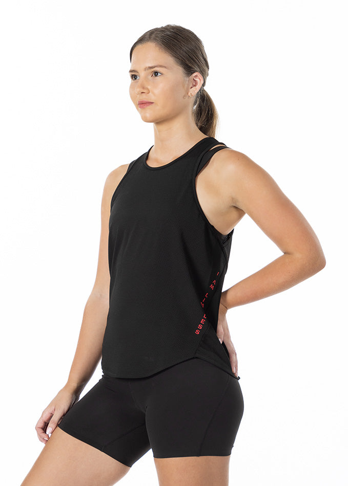 
                  
                    Left-side view of a women's black singlet, featuring breathable fabric and a tailored fit for gym activities.
                  
                