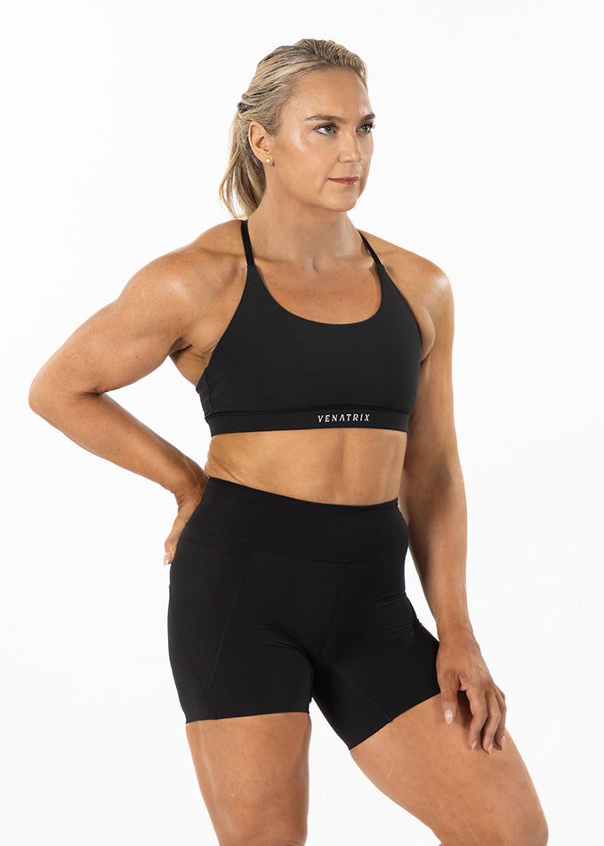 
                  
                    Right-side view of the Yasumi Black Padded Sports Bra with a sleek, supportive design ideal for running workouts.
                  
                